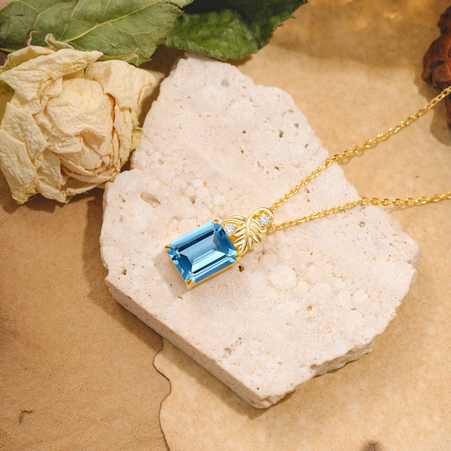 Sparkling Emerald Cut Aquamarine Pendant Necklace - Leaf Motif Gift for Her