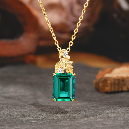 Sparkling Emerald Cut Emerald Pendant Necklace - Leaf Motif Gift for Her