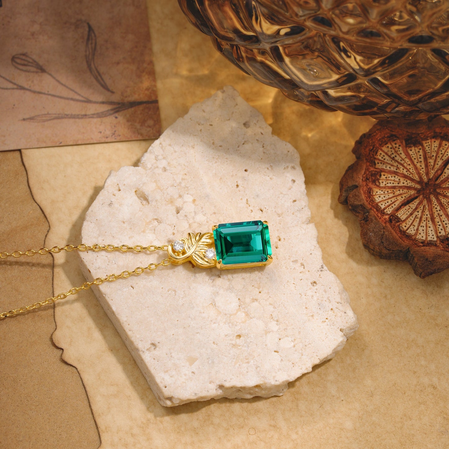 Sparkling Emerald Cut Emerald Pendant Necklace - Leaf Motif Gift for Her
