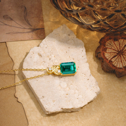 Sparkling Emerald Cut Emerald Pendant Necklace - Leaf Motif Gift for Her