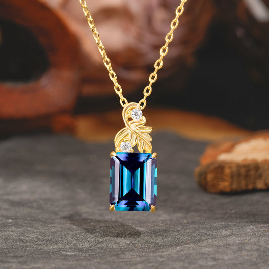 Sparkling Emerald Cut Alexandrite Pendant Necklace - Leaf Motif Gift for Her
