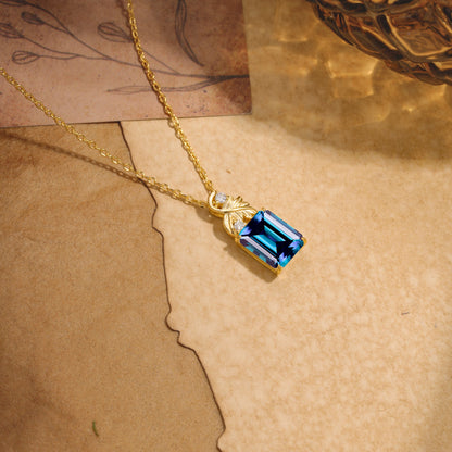 Sparkling Emerald Cut Alexandrite Pendant Necklace - Leaf Motif Gift for Her