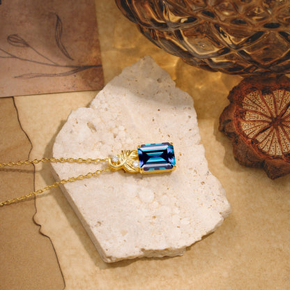 Sparkling Emerald Cut Alexandrite Pendant Necklace - Leaf Motif Gift for Her
