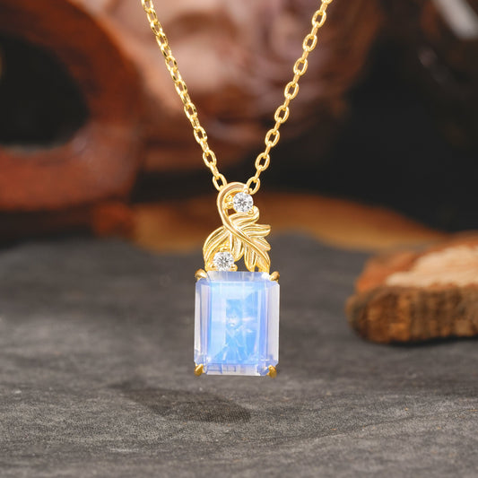 Sparkling Emerald Cut Moonstone Pendant Necklace - Leaf Motif Gift for Her