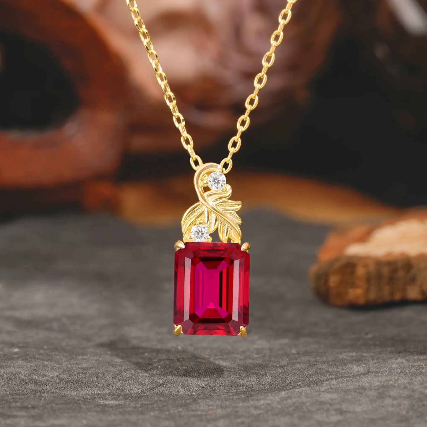 Sparkling Emerald Cut Ruby Pendant Necklace - Leaf Motif Gift for Her