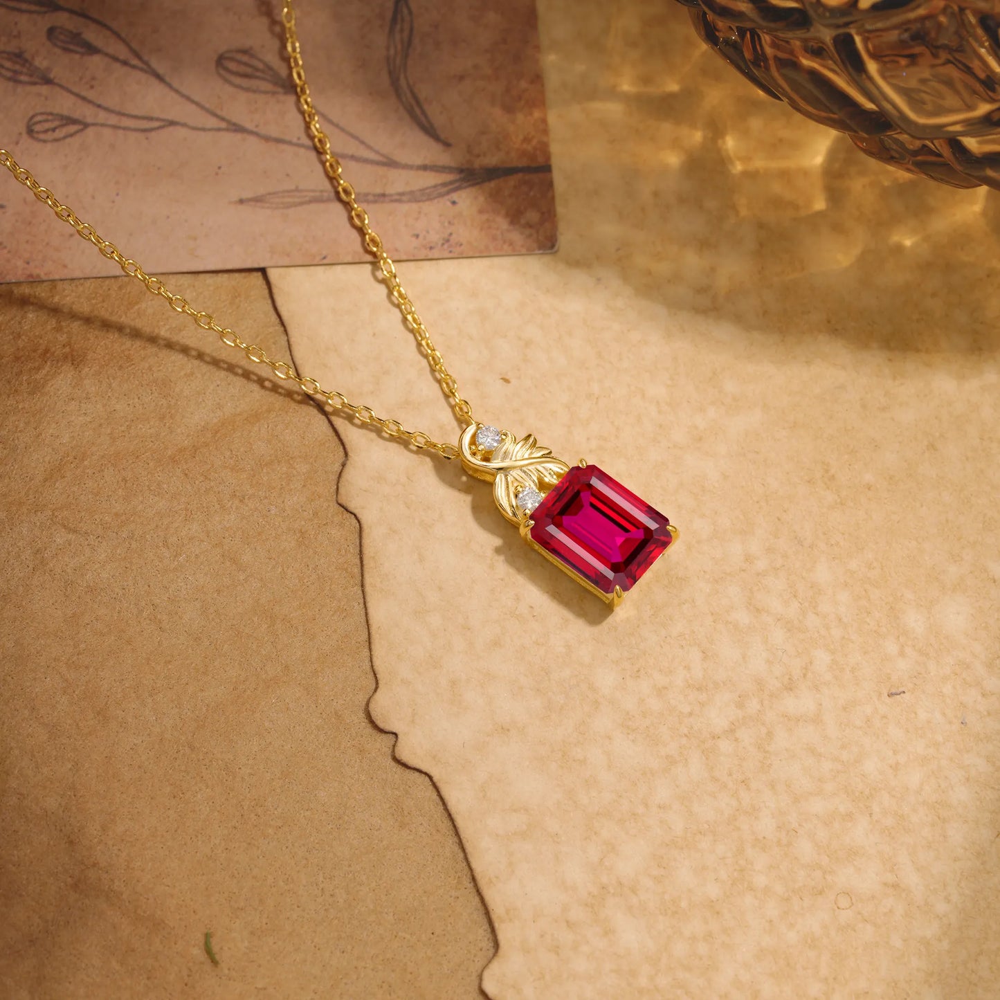 Sparkling Emerald Cut Ruby Pendant Necklace - Leaf Motif Gift for Her