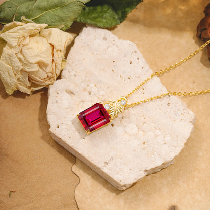 Sparkling Emerald Cut Ruby Pendant Necklace - Leaf Motif Gift for Her