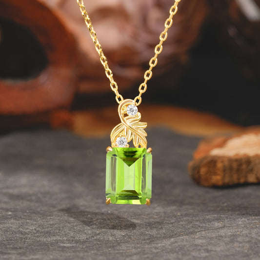 Sparkling Emerald Cut Peridot Pendant Necklace - Leaf Motif Gift for Her