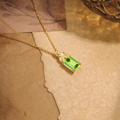 Sparkling Emerald Cut Peridot Pendant Necklace - Leaf Motif Gift for Her