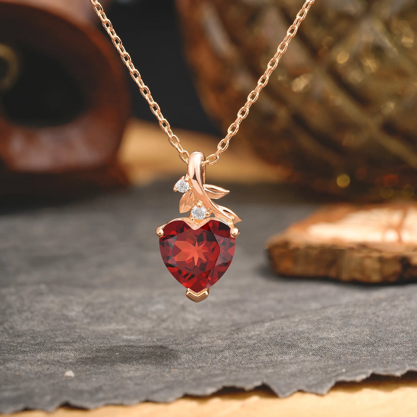 Vintage Leaf Design Heart Cut Garnet Necklace for Women