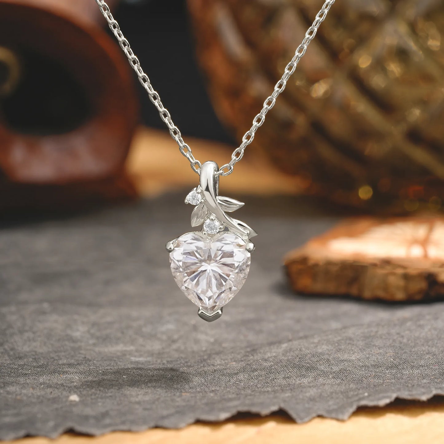 Vintage Leaf Design Heart Cut Moissanite Necklace for Women