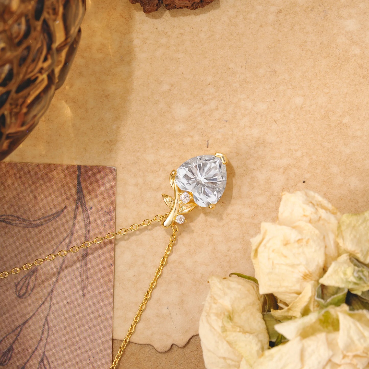 Vintage Leaf Design Heart Cut Moissanite Necklace for Women