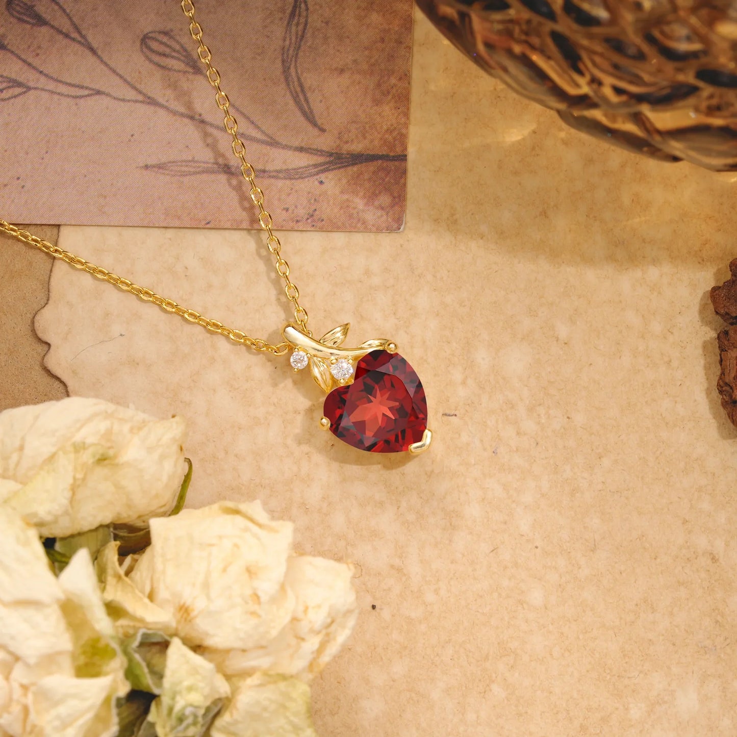 Vintage Leaf Design Heart Cut Garnet Necklace for Women