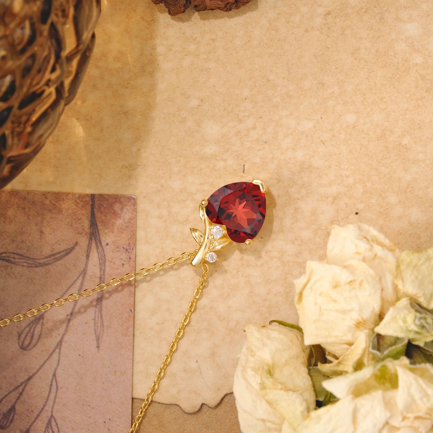 Vintage Leaf Design Heart Cut Garnet Necklace for Women