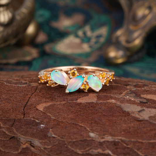 Multi Shaped Opal Wedding Ring Half Eternity Stackable Ring