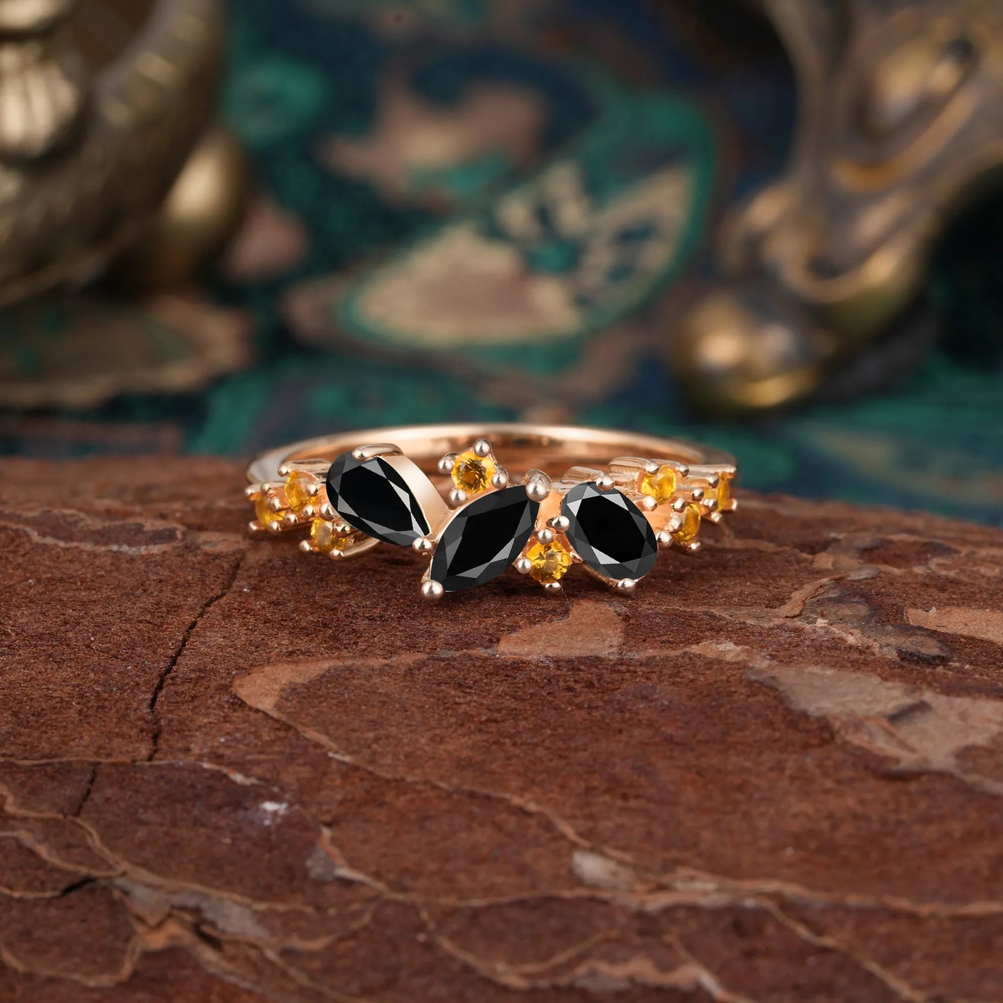 Multi Shaped  Black Onyx Wedding Band Half Eternity Stackable Ring