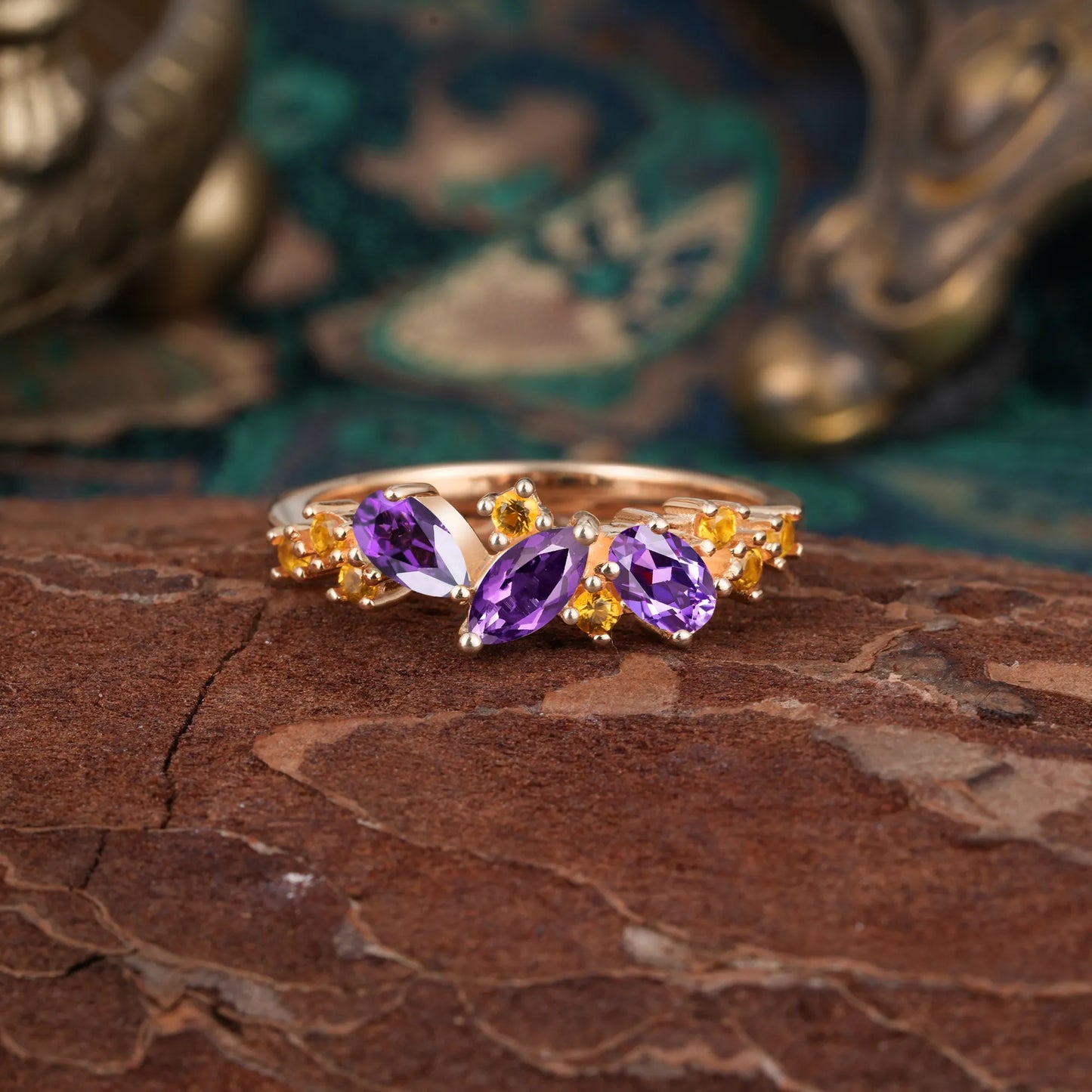 Multi Shaped Amethyst Wedding Band Half Eternity Stackable Ring