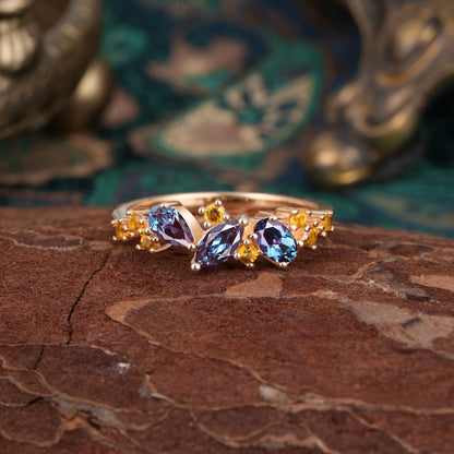 Multi Shaped Alexandrite Wedding Band Half Eternity Stackable Ring
