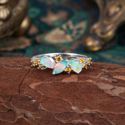 Multi Shaped Opal Wedding Ring Half Eternity Stackable Ring