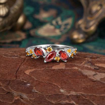 Multi Shaped Garnet Wedding Band Half Eternity Stackable Ring