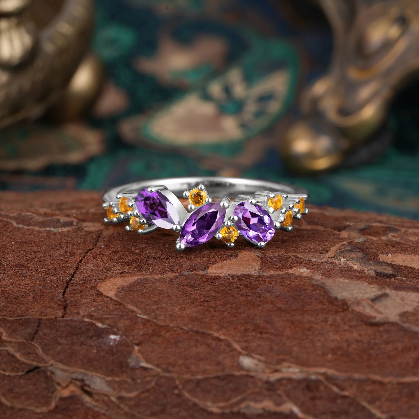 Multi Shaped Amethyst Wedding Band Half Eternity Stackable Ring