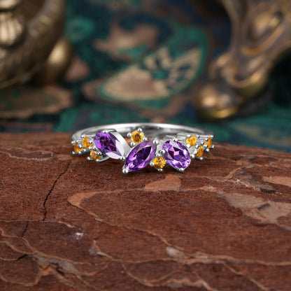 Multi Shaped Amethyst Wedding Band Half Eternity Stackable Ring