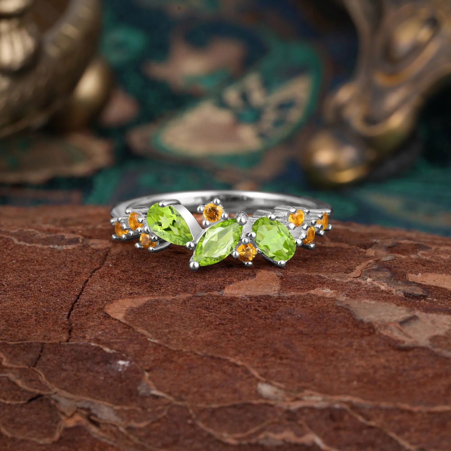 Multi Shaped Peridot Wedding Band Half Eternity Stackable Ring