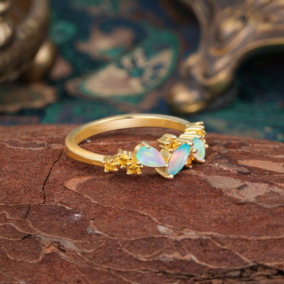 Multi Shaped Opal Wedding Ring Half Eternity Stackable Ring