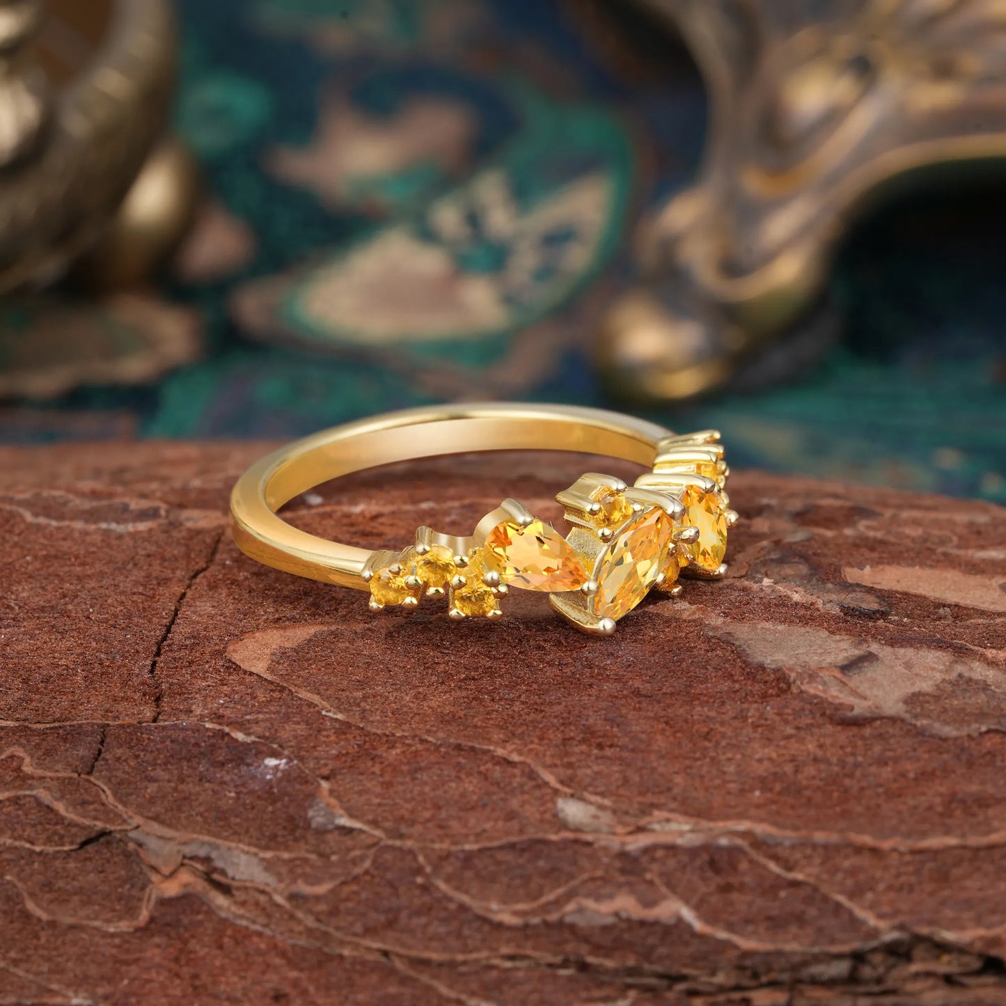 Multi Shaped Citrine Wedding Band Half Eternity Stackable Ring