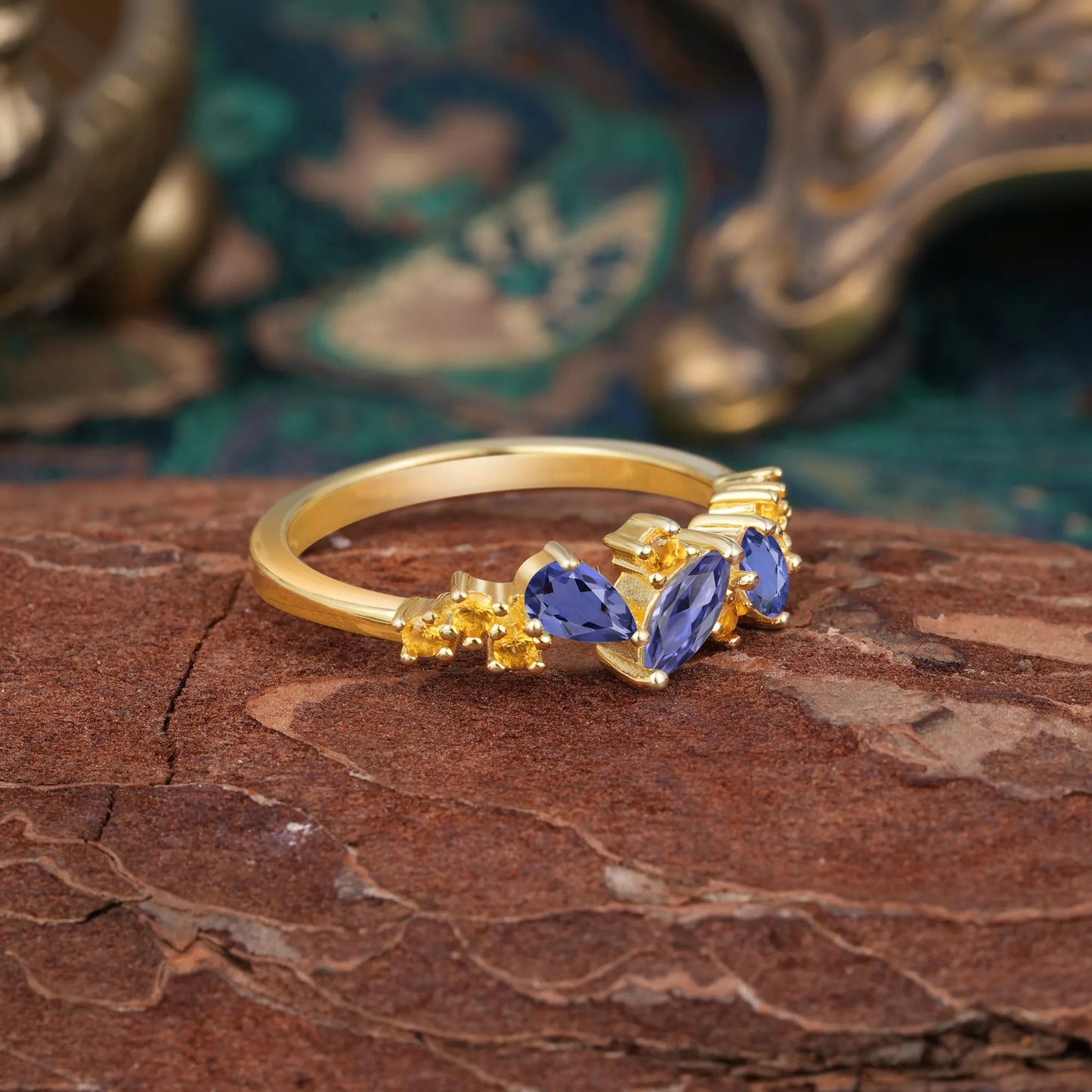 Multi Shaped Tanzanite Wedding Band Half Eternity Stackable Ring