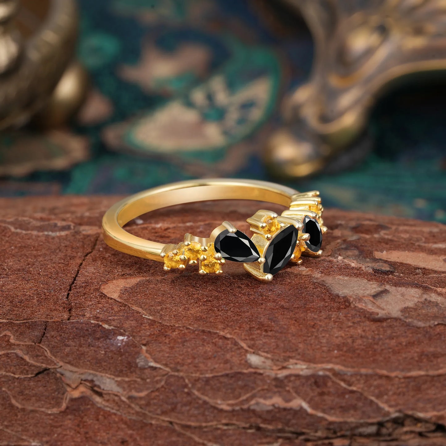 Multi Shaped  Black Onyx Wedding Band Half Eternity Stackable Ring