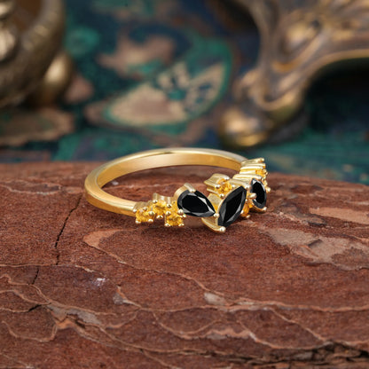 Multi Shaped  Black Onyx Wedding Band Half Eternity Stackable Ring