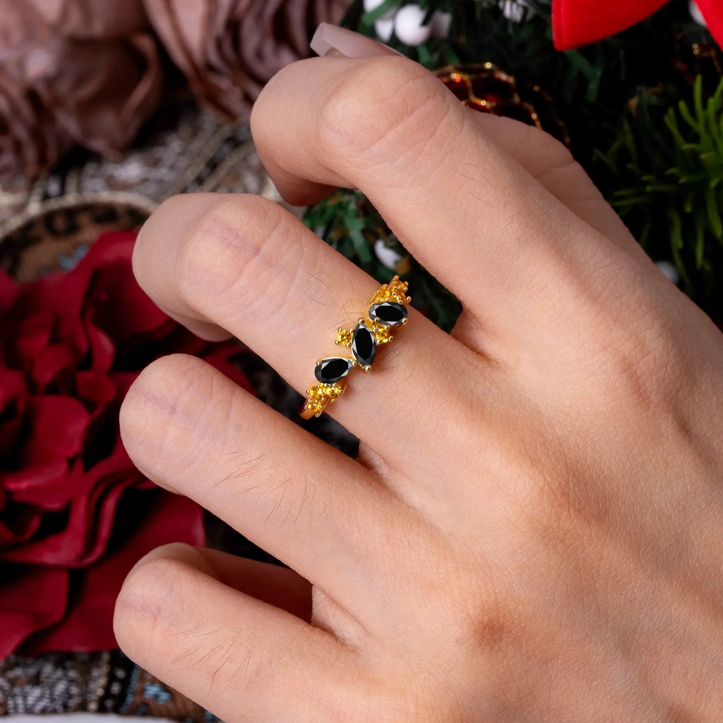 Multi Shaped  Black Onyx Wedding Band Half Eternity Stackable Ring