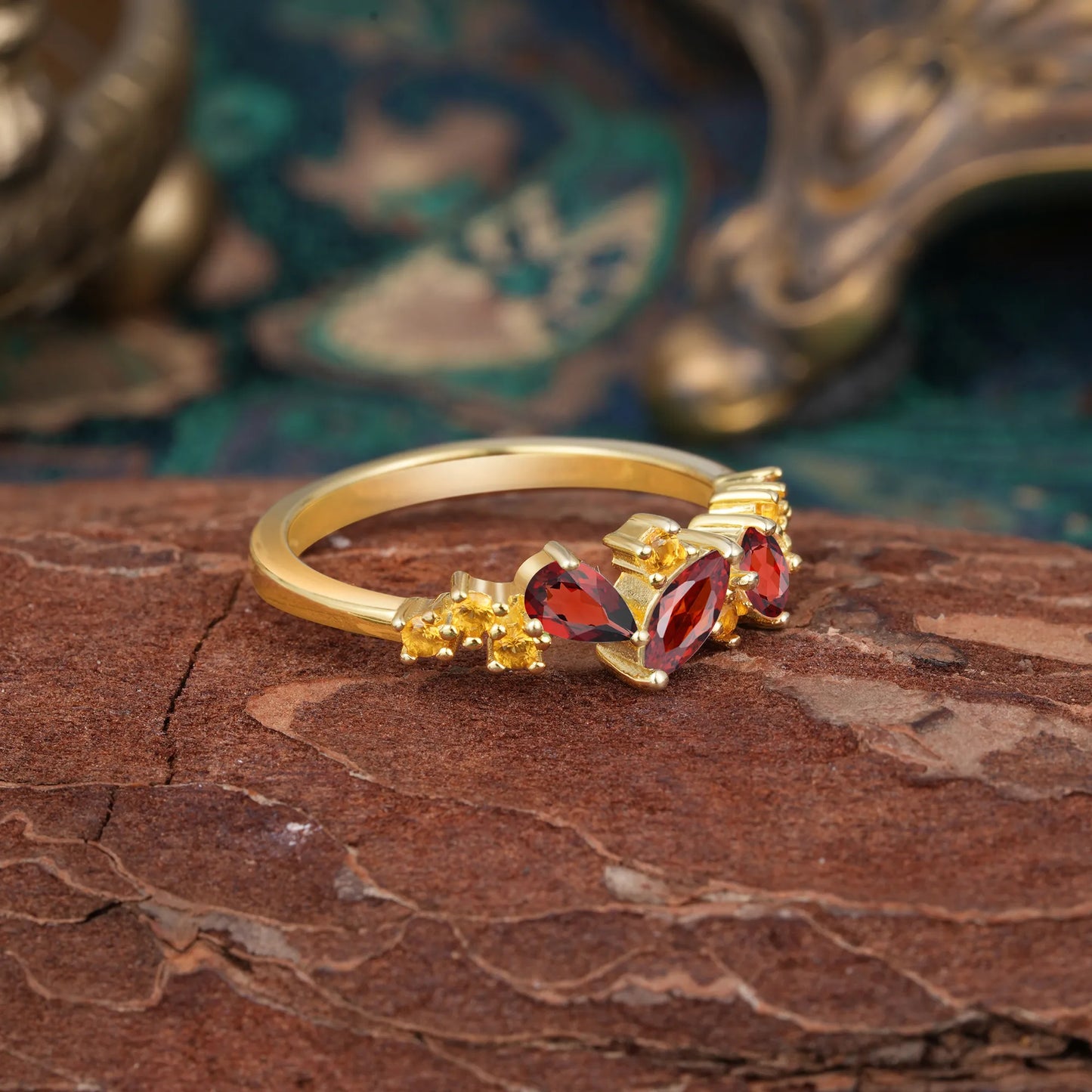 Multi Shaped Garnet Wedding Band Half Eternity Stackable Ring