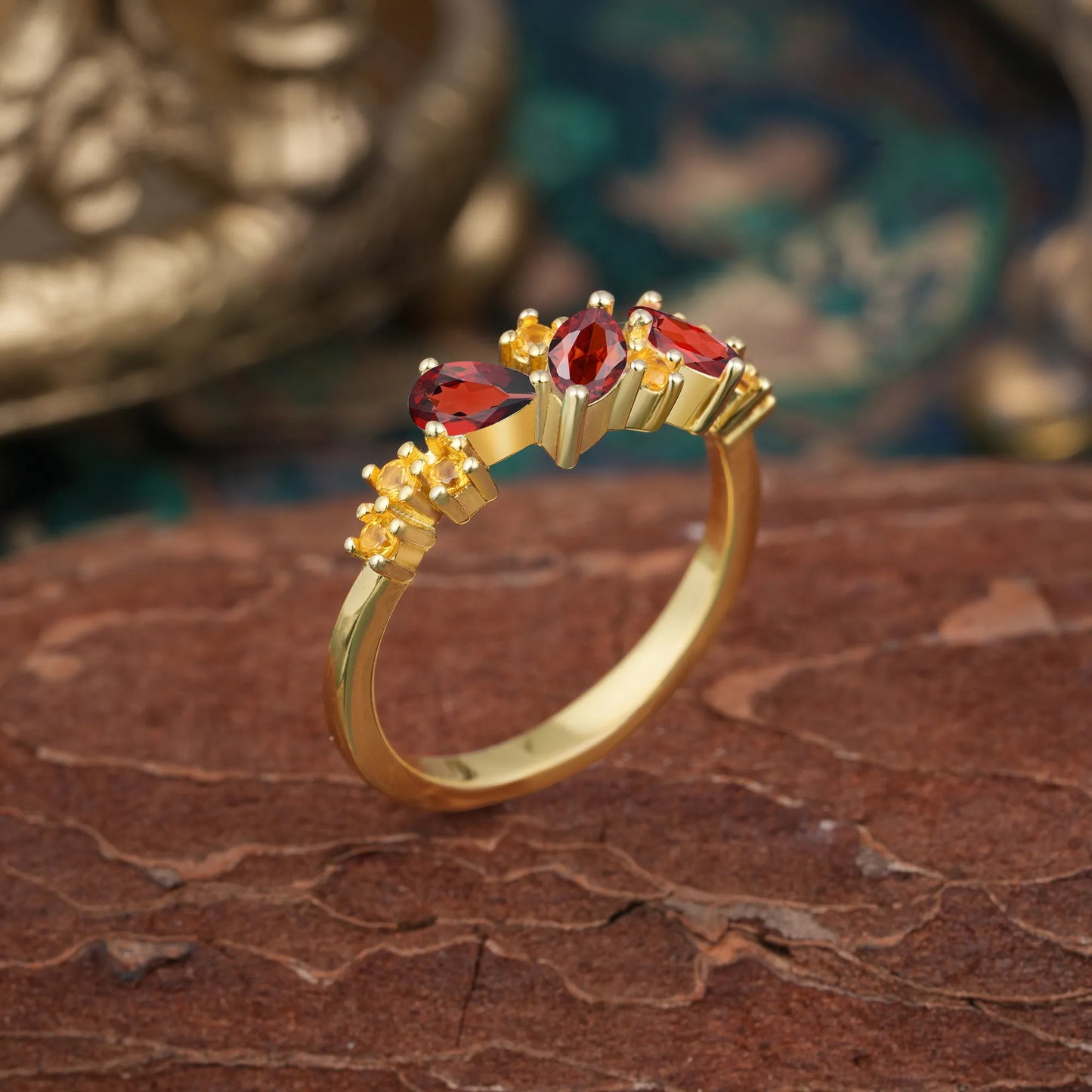 Multi Shaped Garnet Wedding Band Half Eternity Stackable Ring