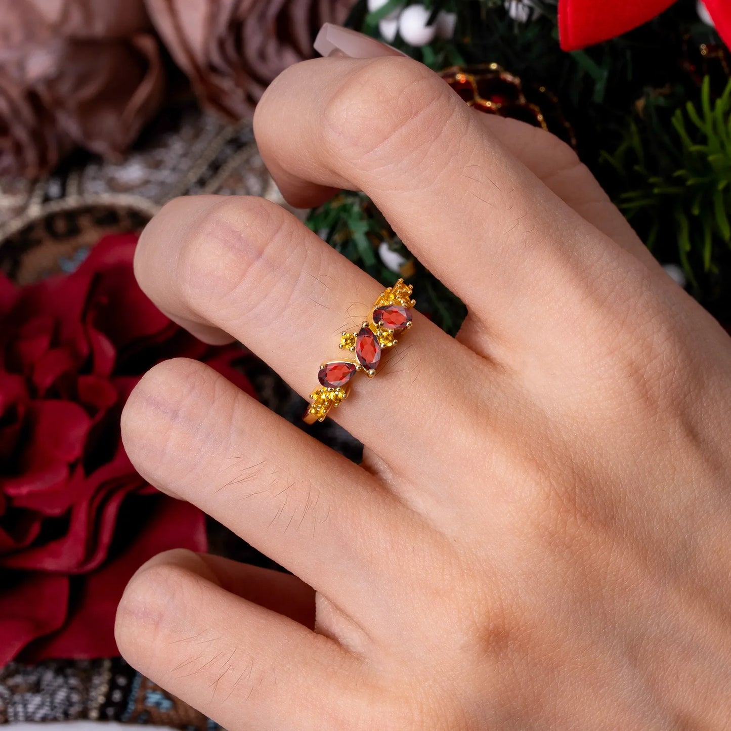 Multi Shaped Garnet Wedding Band Half Eternity Stackable Ring