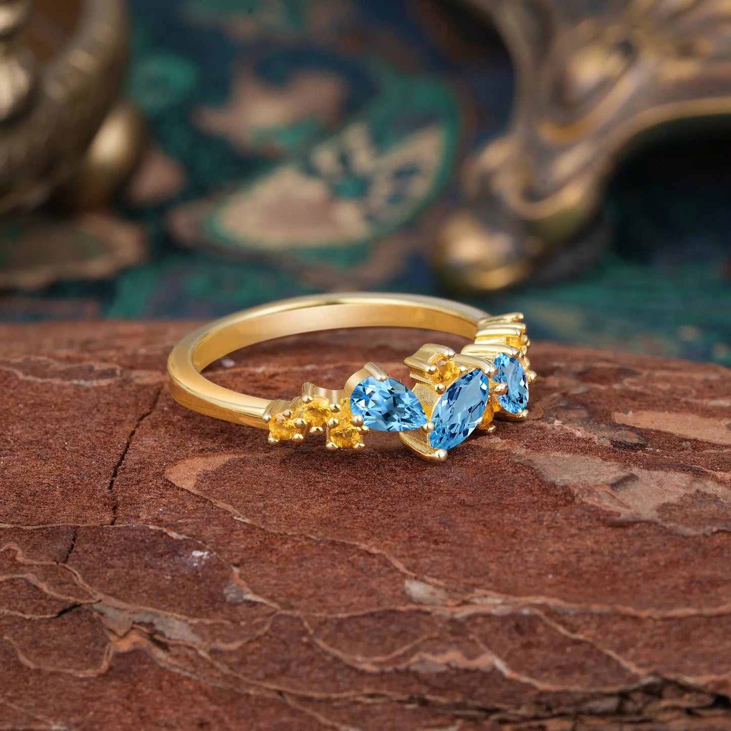 Multi Shaped Aquamarine Wedding Band Half Eternity Stackable Ring
