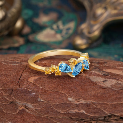 Multi Shaped Aquamarine Wedding Band Half Eternity Stackable Ring