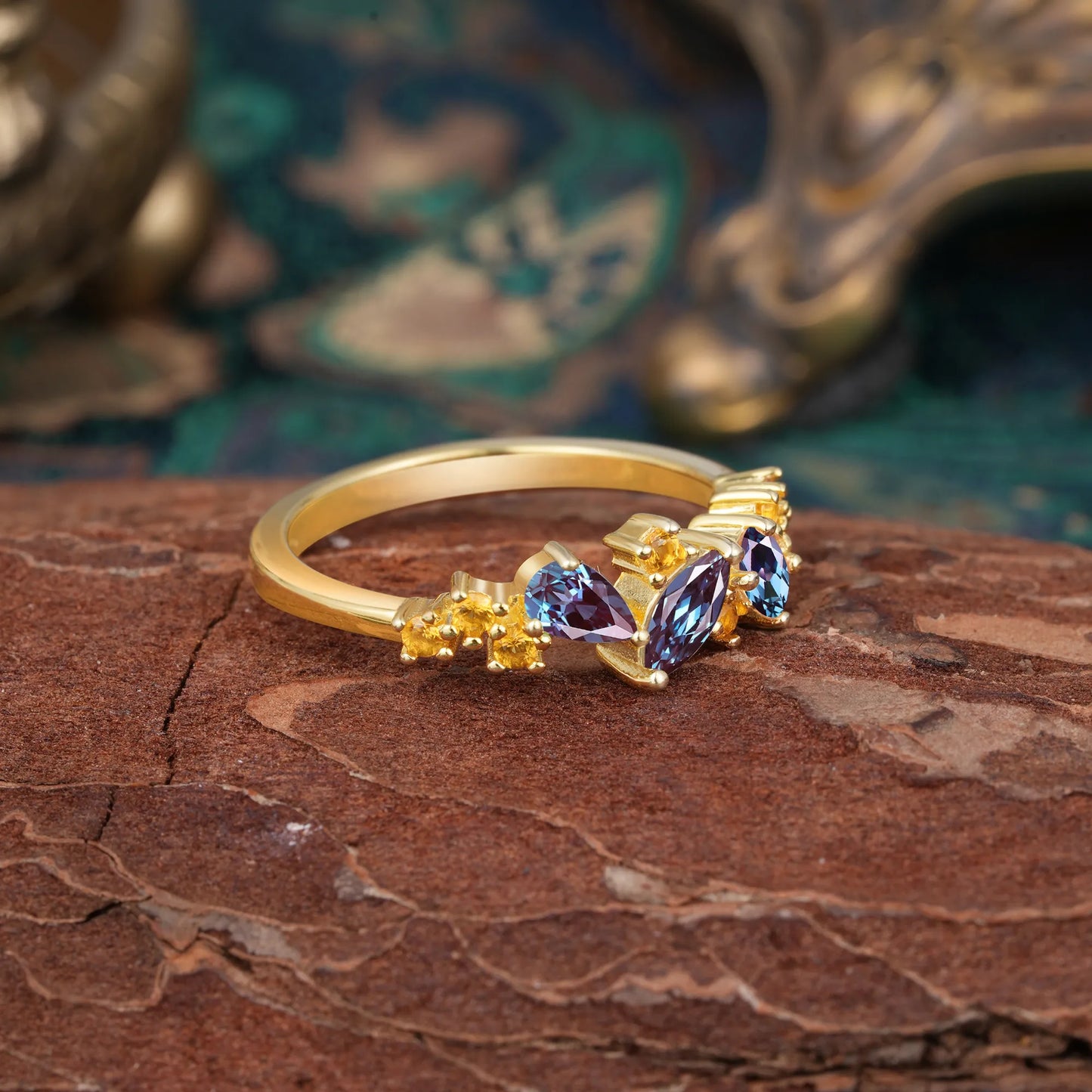 Multi Shaped Alexandrite Wedding Band Half Eternity Stackable Ring