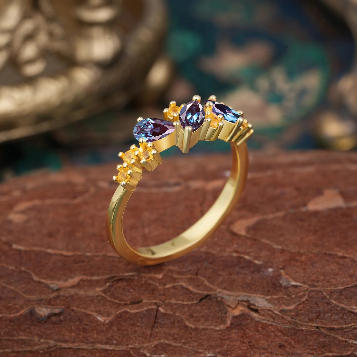 Multi Shaped Alexandrite Wedding Band Half Eternity Stackable Ring
