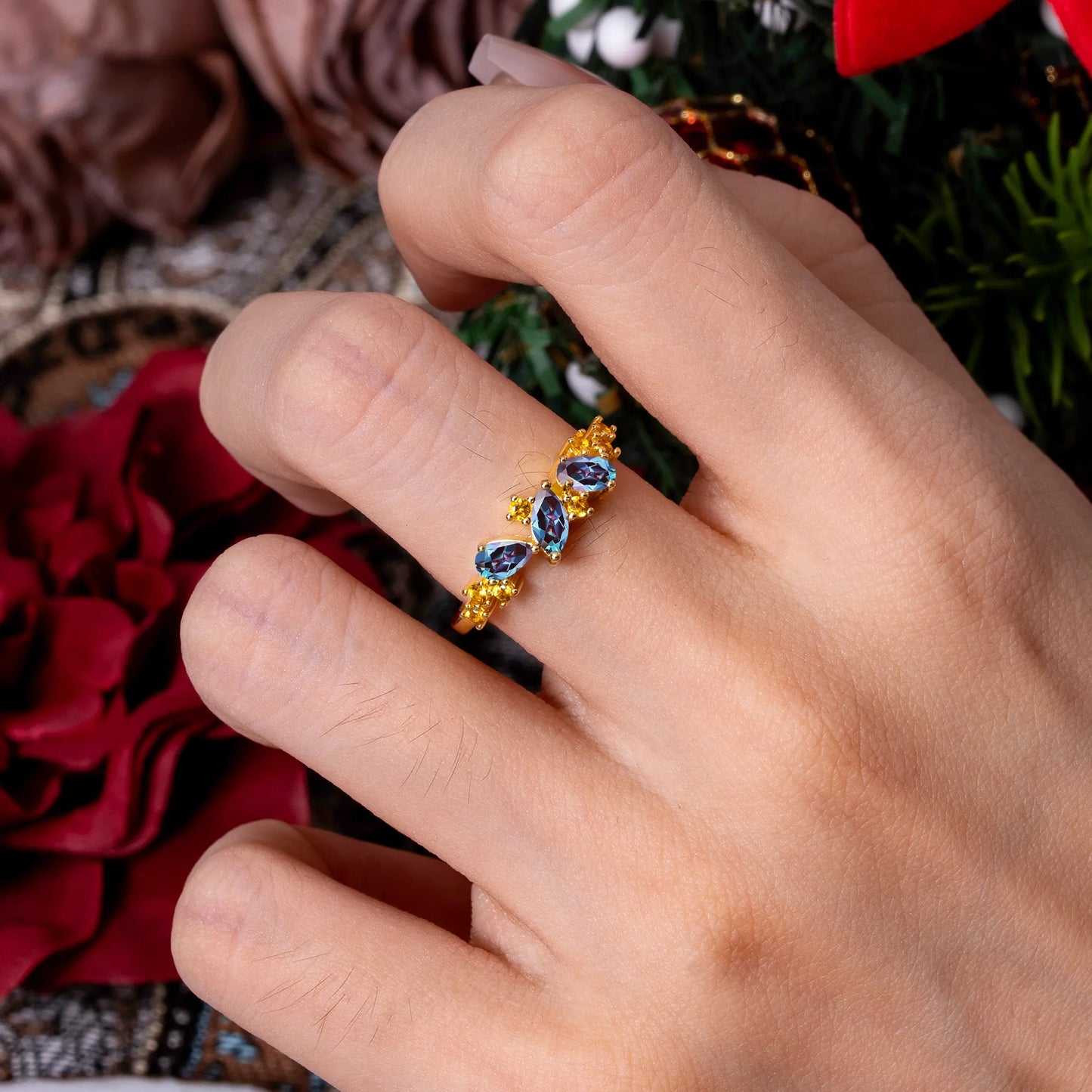 Multi Shaped Alexandrite Wedding Band Half Eternity Stackable Ring