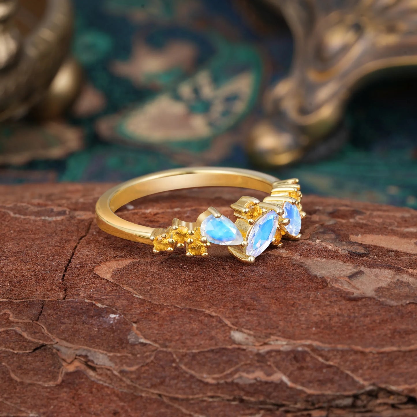 Multi Shaped Moonstone Wedding Band Half Eternity Stackable Ring