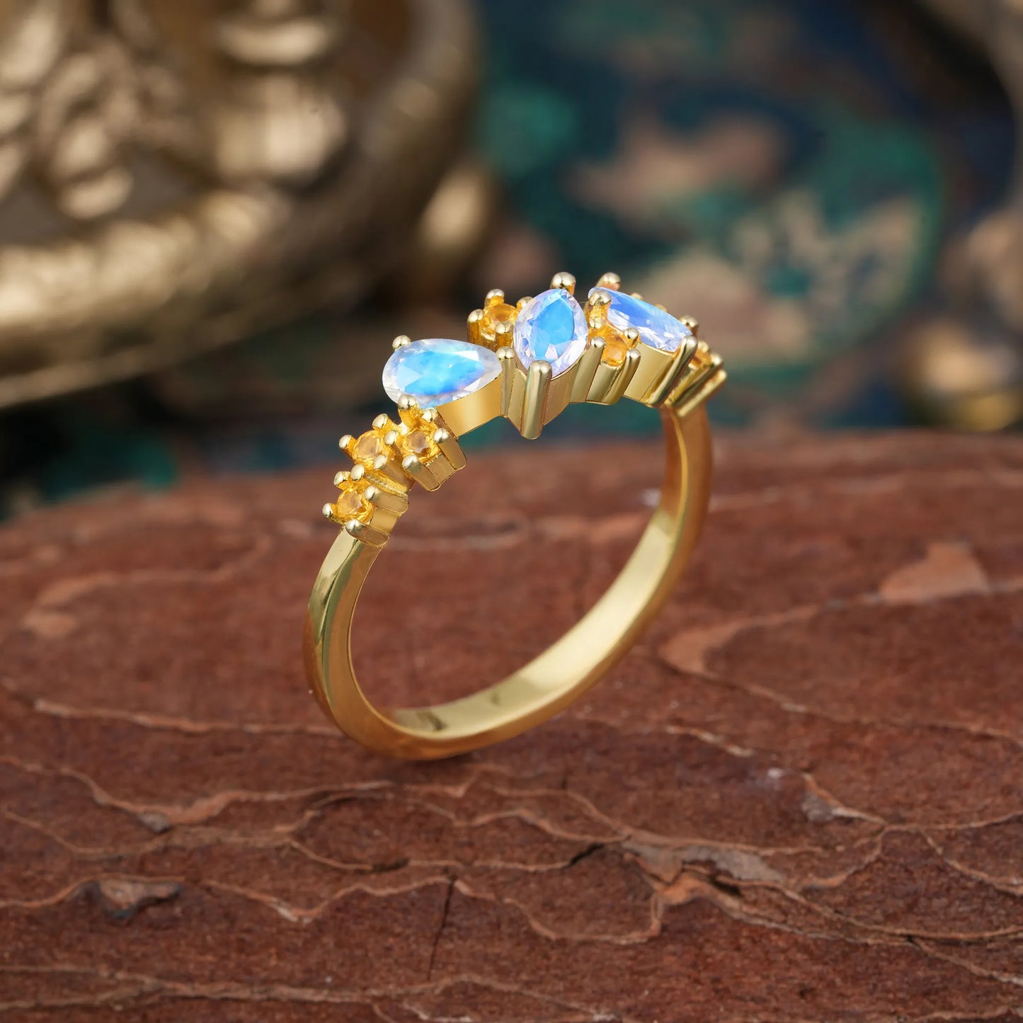 Multi Shaped Moonstone Wedding Band Half Eternity Stackable Ring