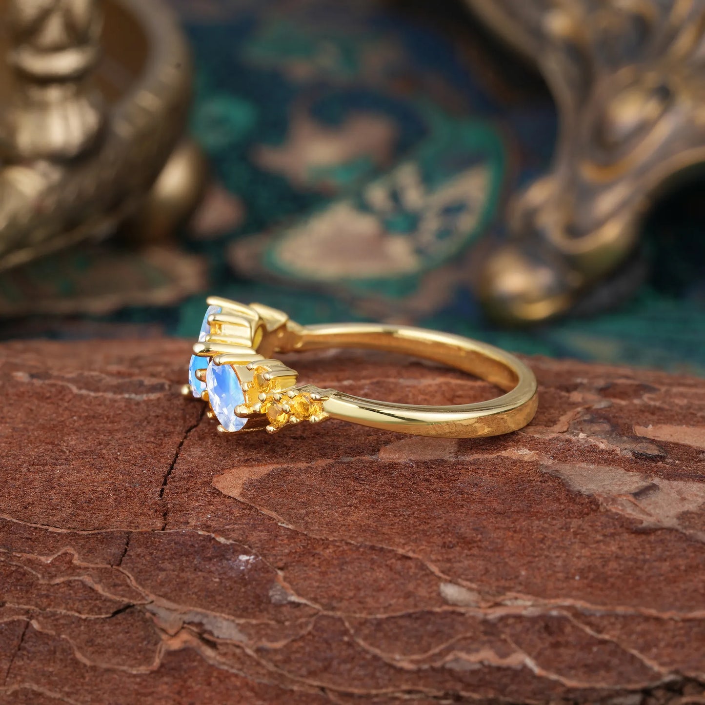 Multi Shaped Moonstone Wedding Band Half Eternity Stackable Ring