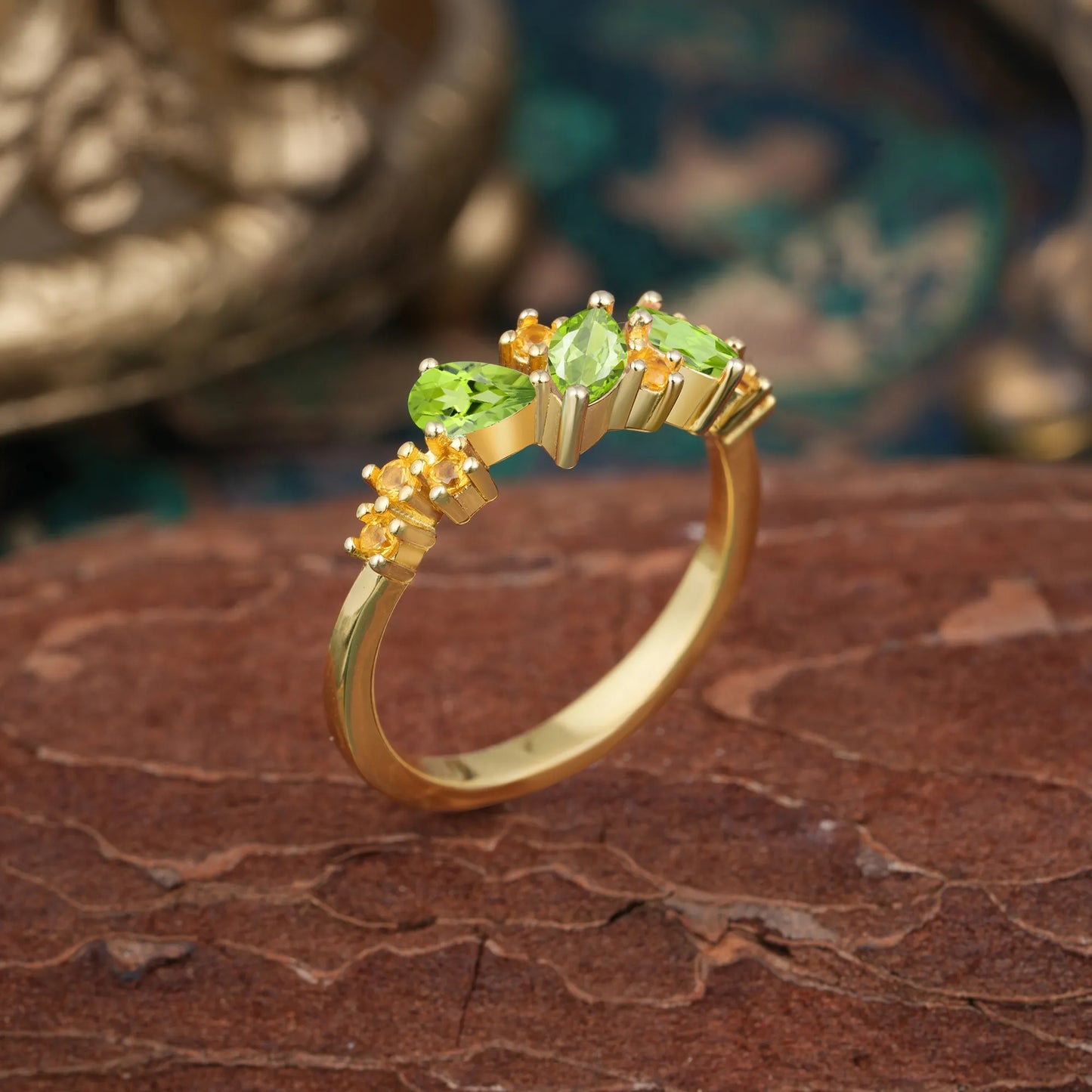 Multi Shaped Peridot Wedding Band Half Eternity Stackable Ring