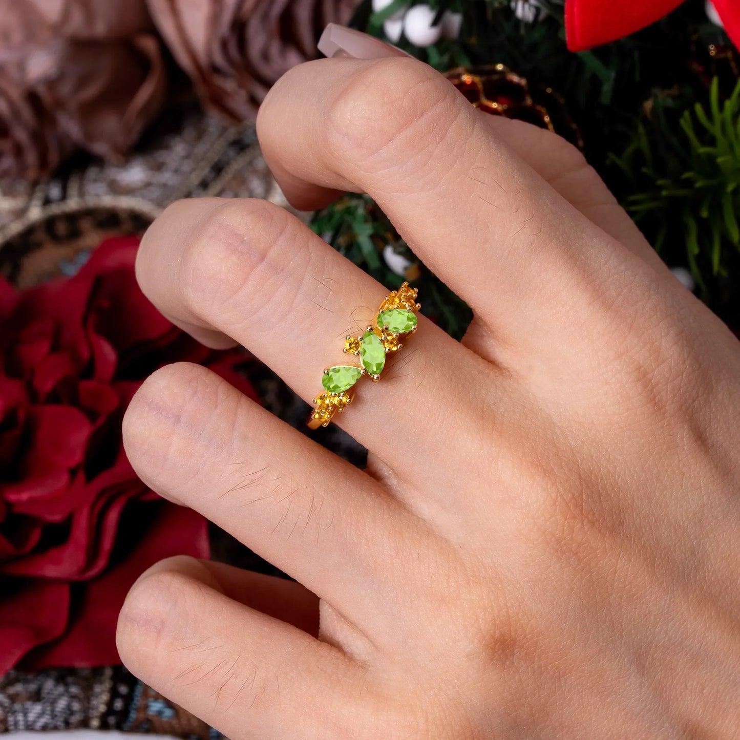Multi Shaped Peridot Wedding Band Half Eternity Stackable Ring