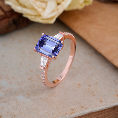 3 Carat Emerald Cut Tanzanite Ring Three Stone Engagement Ring