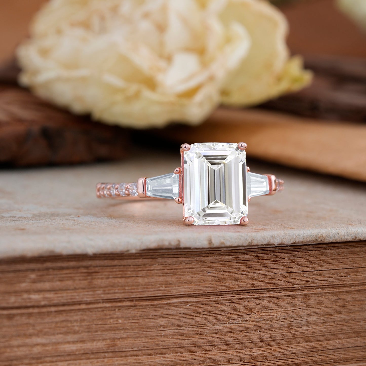 3 Carat Emerald Cut Lab Diamond Ring Three Stone Engagement Ring