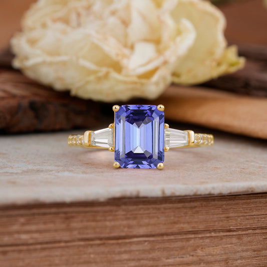 3 Carat Emerald Cut Tanzanite Ring Three Stone Engagement Ring