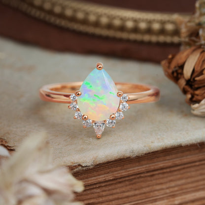 Pear Cut Vintage Fire Opal Engagement Ring Cluster Ring for Women